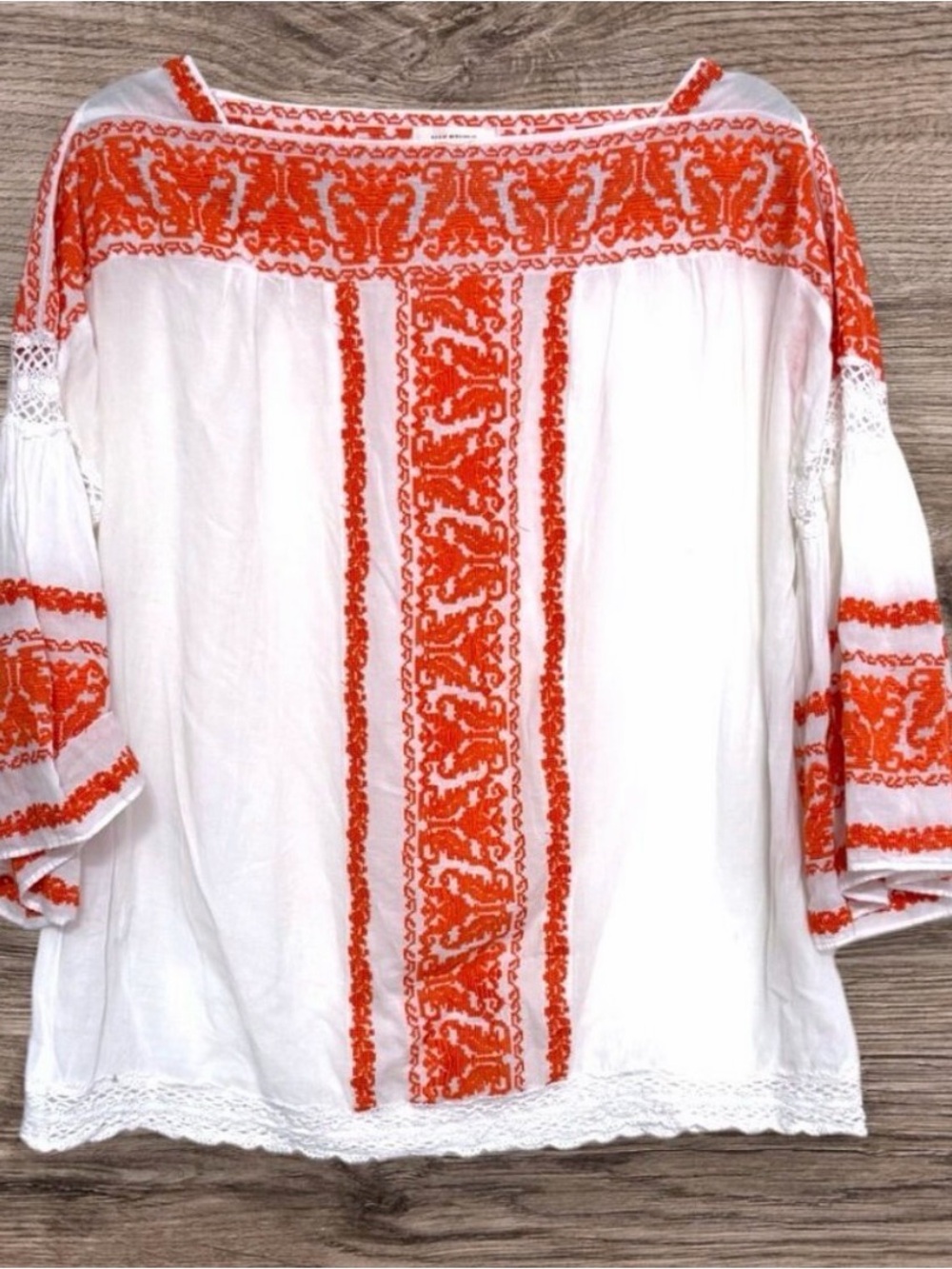 MAX STUDIO White Orange Embroidered Hippie Boho Square Neckline Top Blouse L
